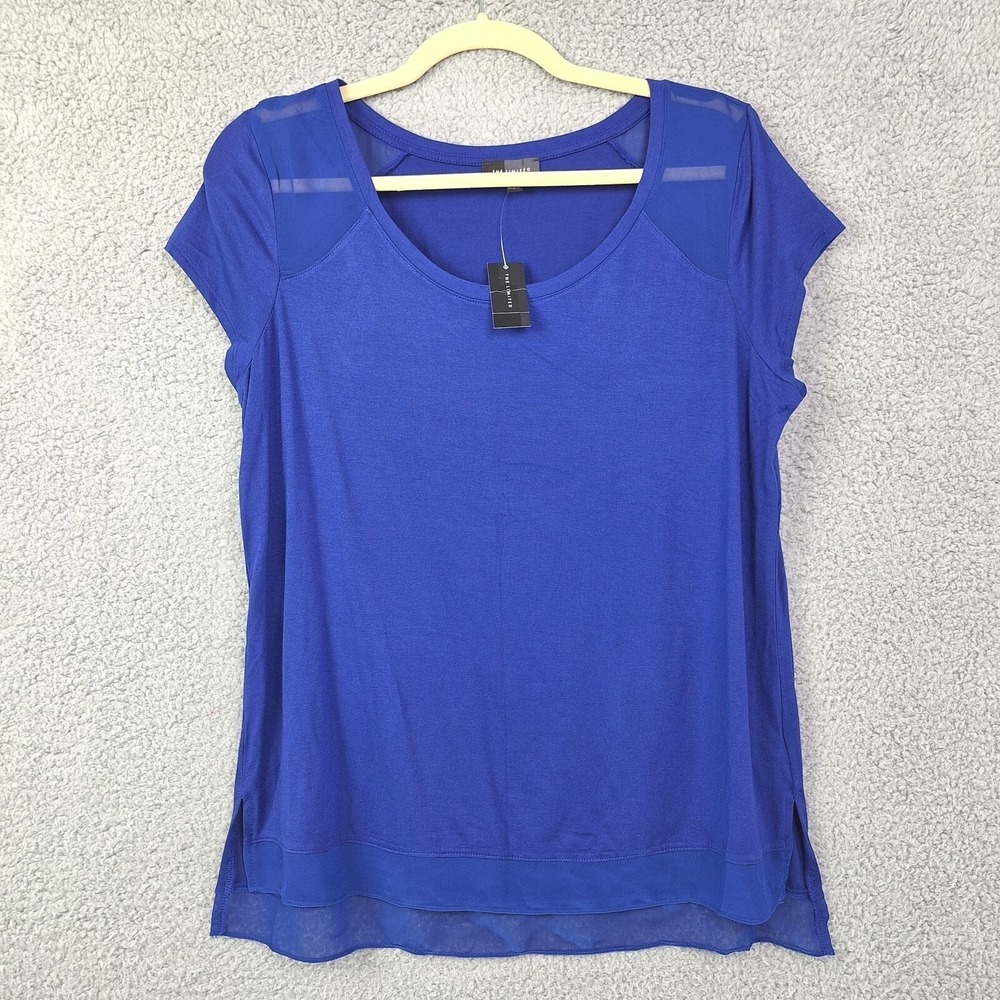 The Limited Womens Top Large Blue‎ Sheer Panels Cap Sleeves Side Slits Flowy